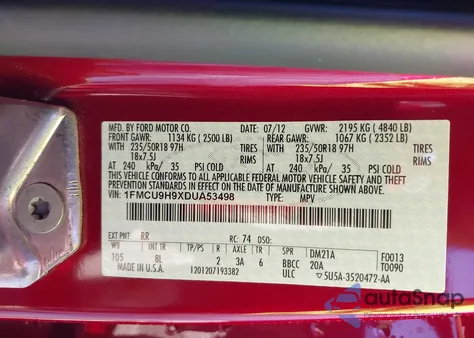 2013 Ford Escape Sel из США, поврежденный, VIN 1FMCU9H9XDUA53498